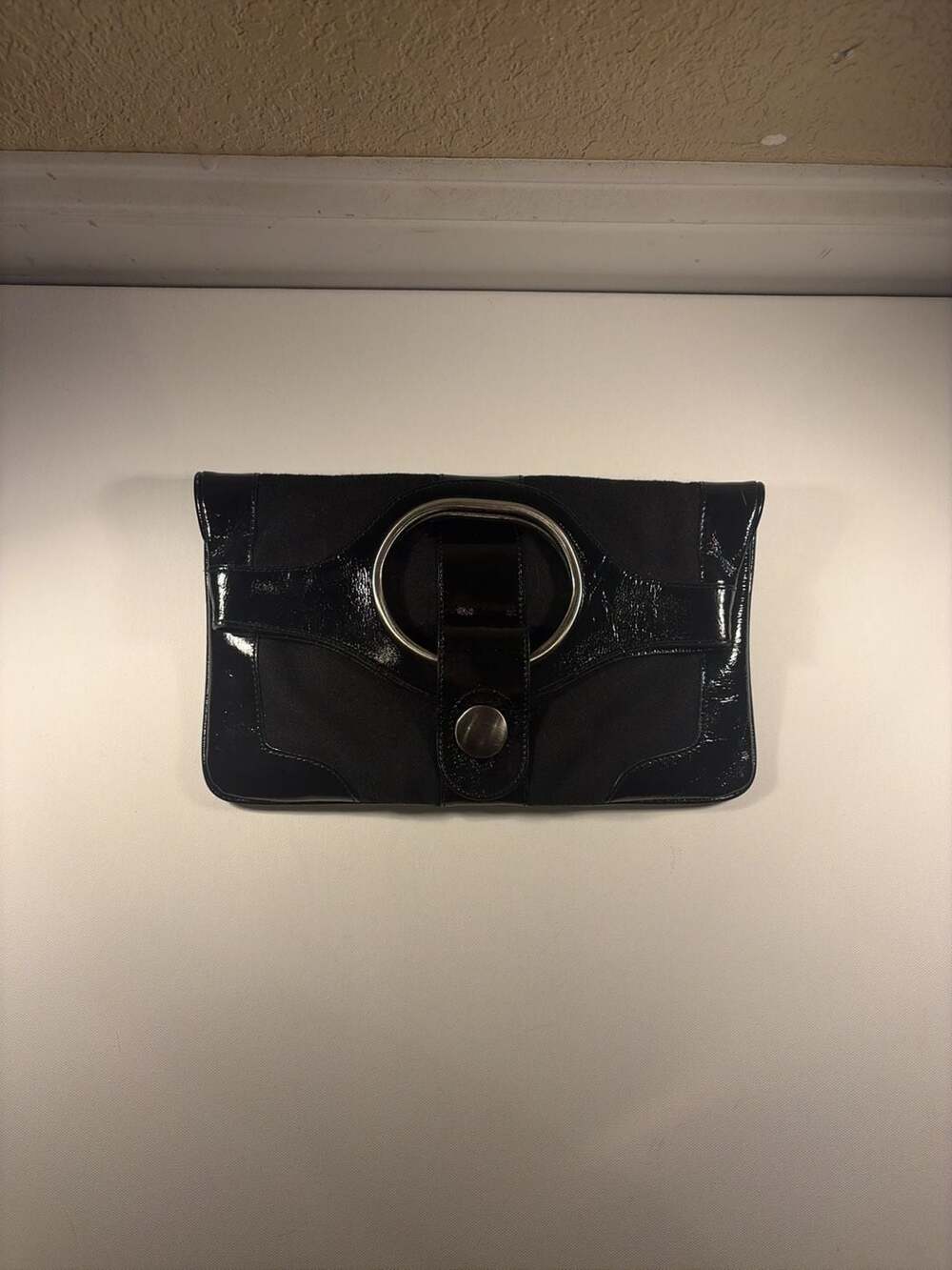 Hobo International Black Patent Leather and Fabric Foldover Clutch